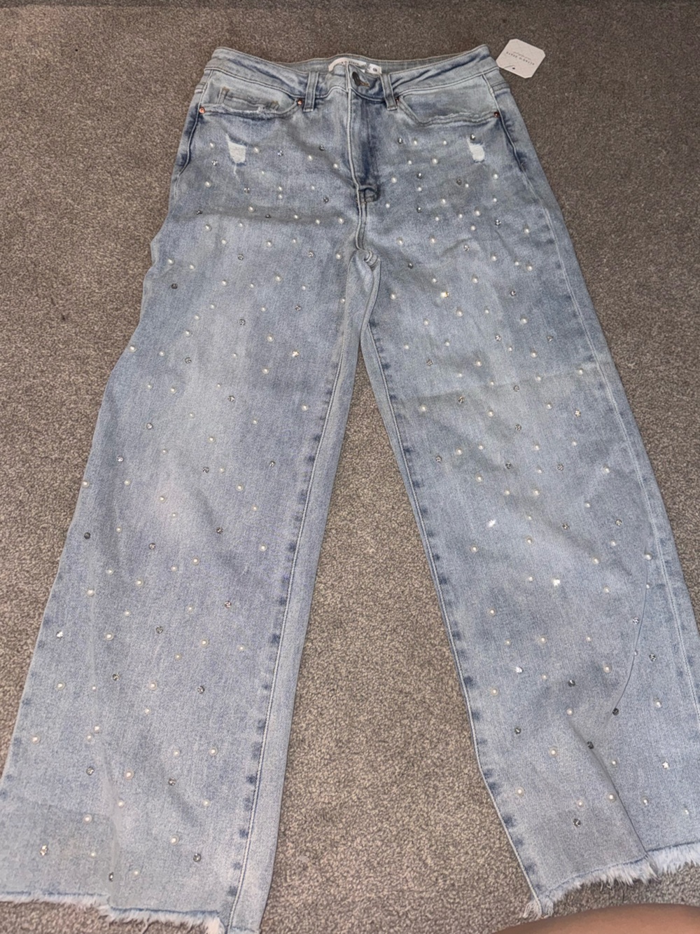 Altr’d State Light Blue Embellished Wide-Leg Jeans diamonds and pearls